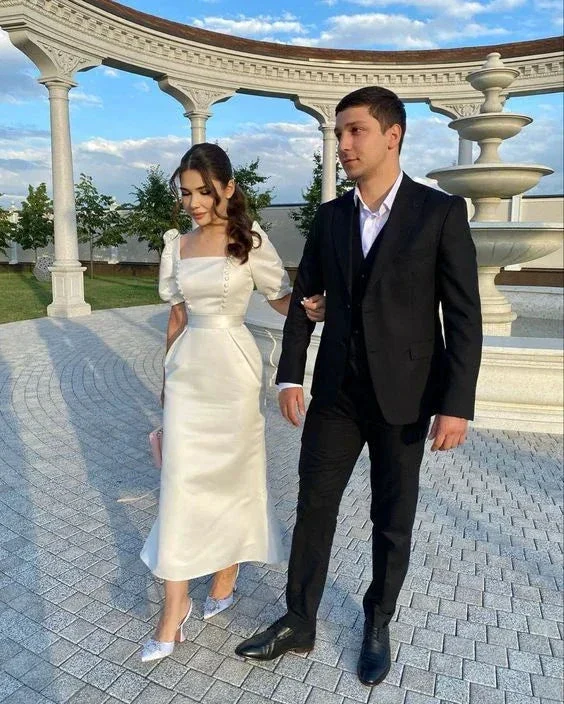 Ivory Tea Length Evening Dresses Formal Dress with Half Sleeve Y4568 - Image 2