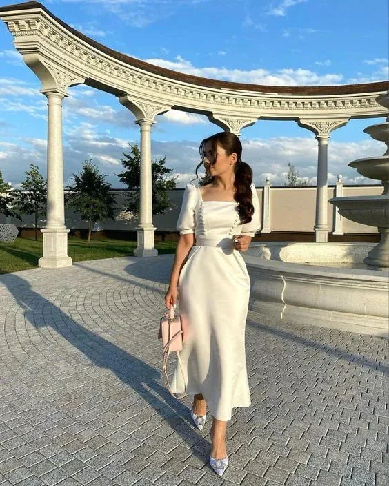 Ivory Tea Length Evening Dresses Formal Dress with Half Sleeve Y4568 - Image 3