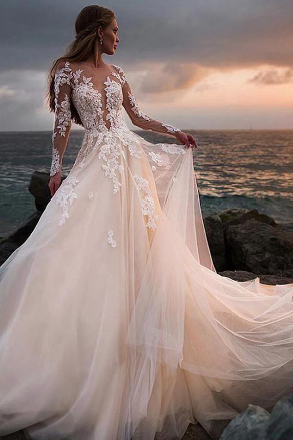 Ivory Tulle Beach Wedding Dress with Illusion Lace Long Sleeves WD532 - Image 2