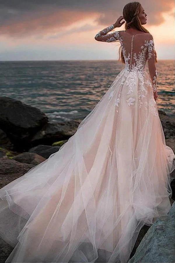 Ivory Tulle Beach Wedding Dress with Illusion Lace Long Sleeves WD532 - Image 3