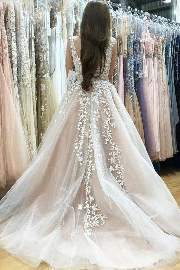 Ivory Tulle Lace A-line V-neck Beaded Wedding Dresses Prom Dresses MP640 - Image 3