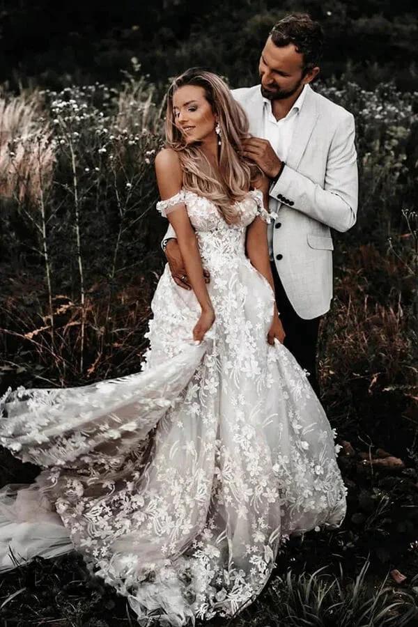 Off-the-Shoulder Tulle Lace Flowers Rustic Wedding Dresses Boho Wedding Gown WD631 - Image 2