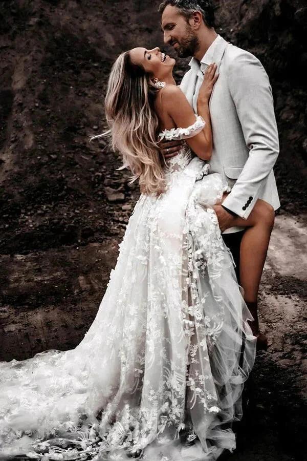 Off-the-Shoulder Tulle Lace Flowers Rustic Wedding Dresses Boho Wedding Gown WD631 - Image 3