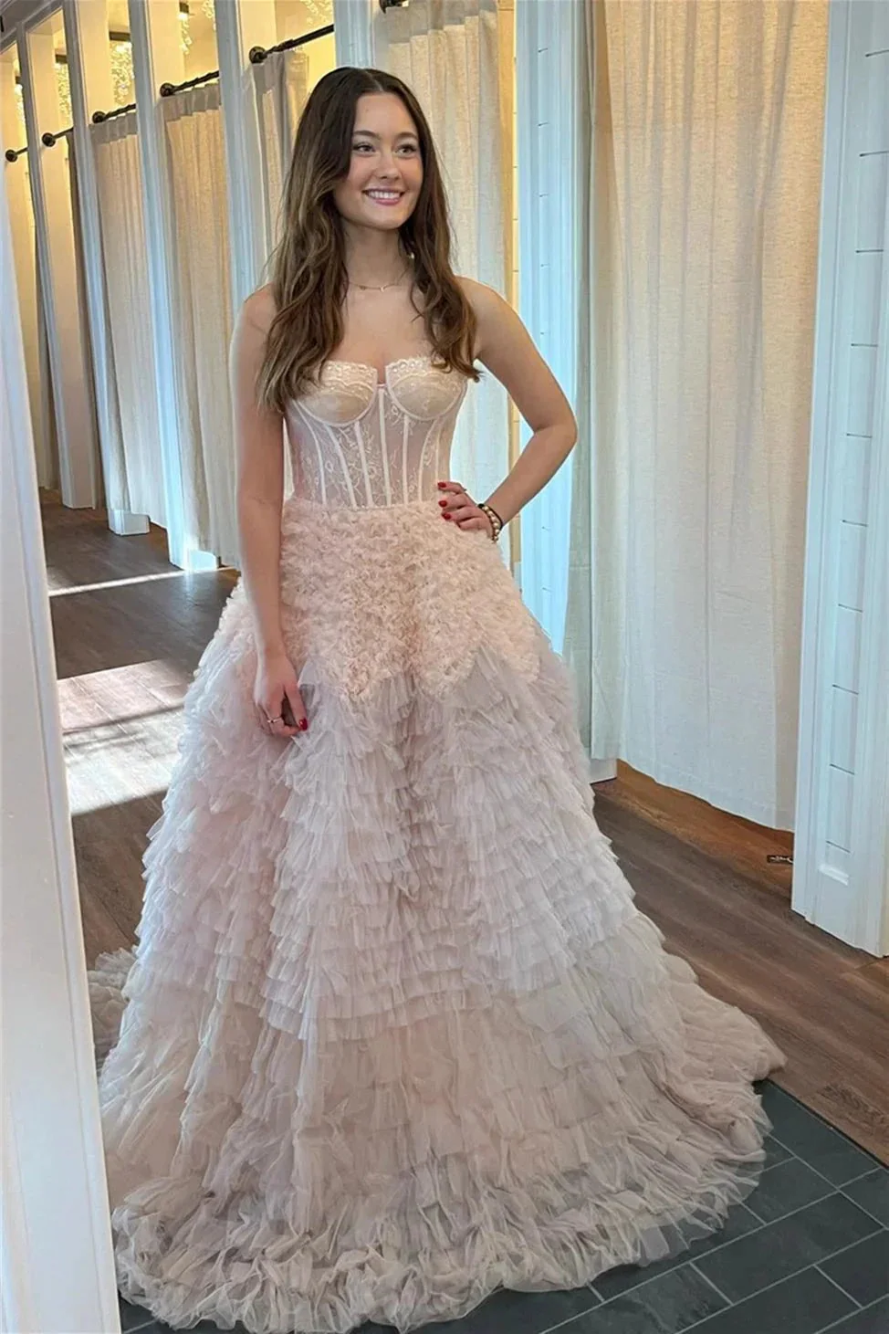 Emberlynn | Ivory Tulle Ruffle Layers Boning A-Line Long Prom Dress - Image 2