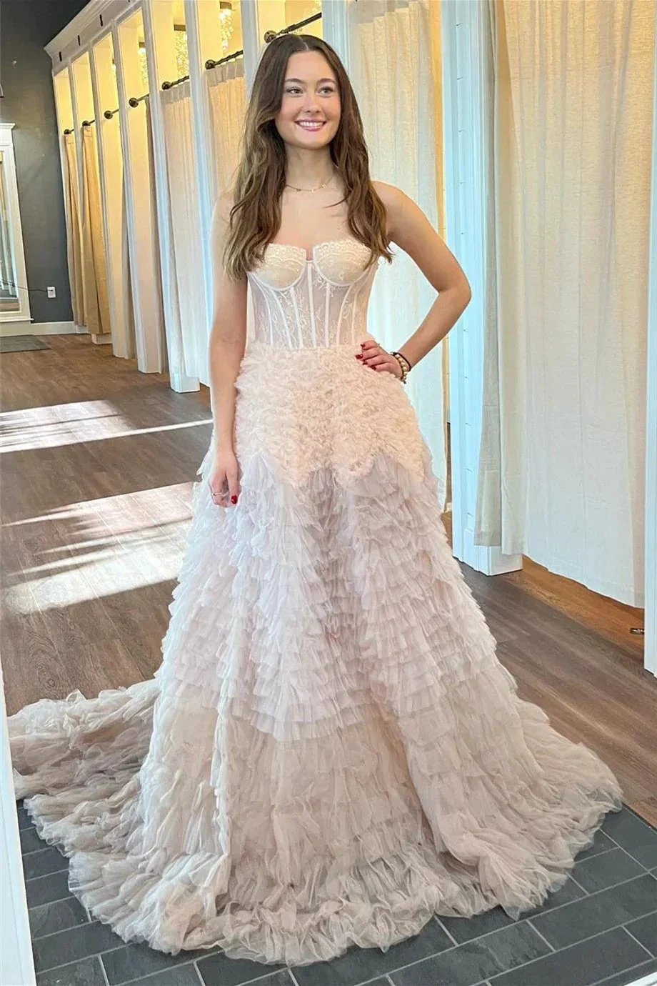 Emberlynn | Ivory Tulle Ruffle Layers Boning A-Line Long Prom Dress - Image 3