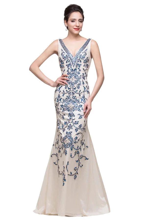 Ivory V-Neck Floor-length Appliques Mermaid Formal Dresses - Image 2