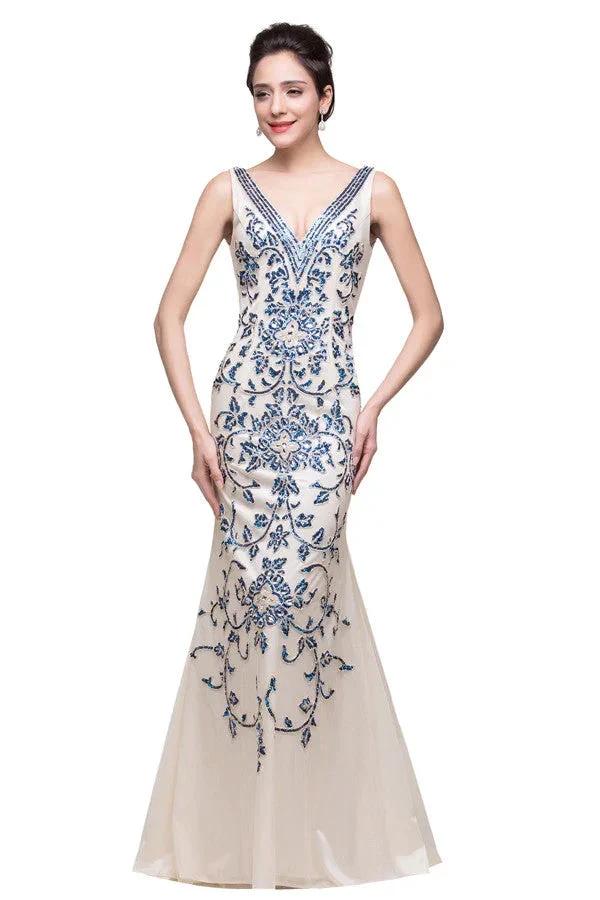 Ivory V-Neck Floor-length Appliques Mermaid Formal Dresses - Image 3