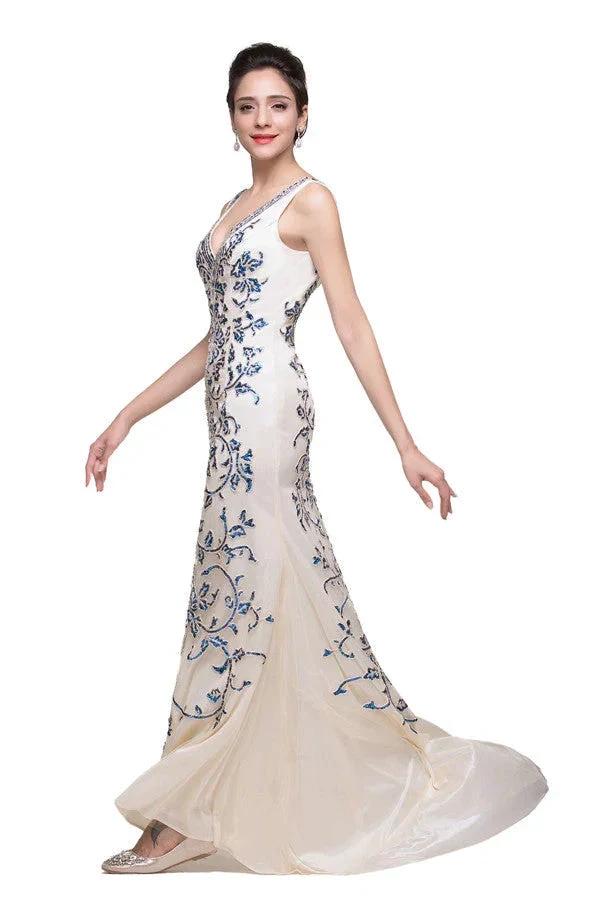 Ivory V-Neck Floor-length Appliques Mermaid Formal Dresses - Image 4