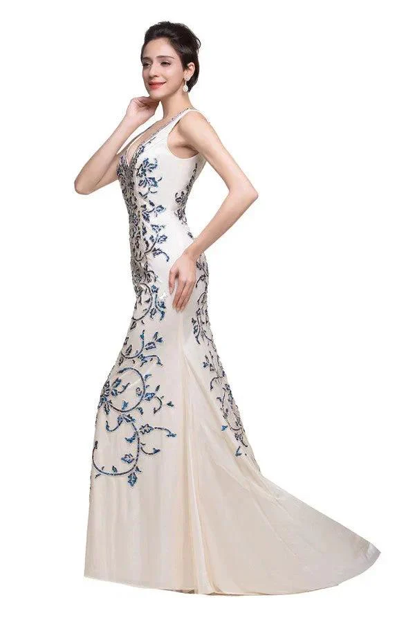 Ivory V-Neck Floor-length Appliques Mermaid Formal Dresses - Image 5