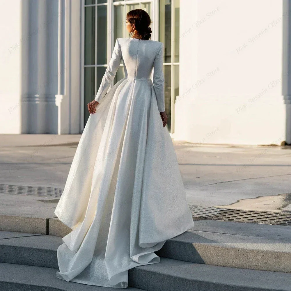 Ivory V Neck Full Sleeve Wedding Dresses Empire Stretch Satin Prom Gowns Zipper Back Summer New Luxury Vestidos De Novia - Image 2