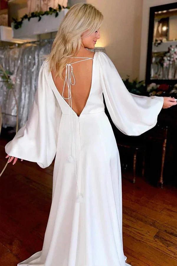 Ivory V-Neck Long Sleeve Wedding Dresses Simple Wedding Dresses WD721 - Image 3