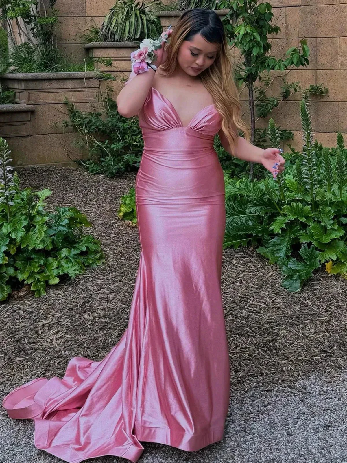 Ixia | V Neck Pink Satin Mermaid Sleeveless Long Prom Dress - Image 5