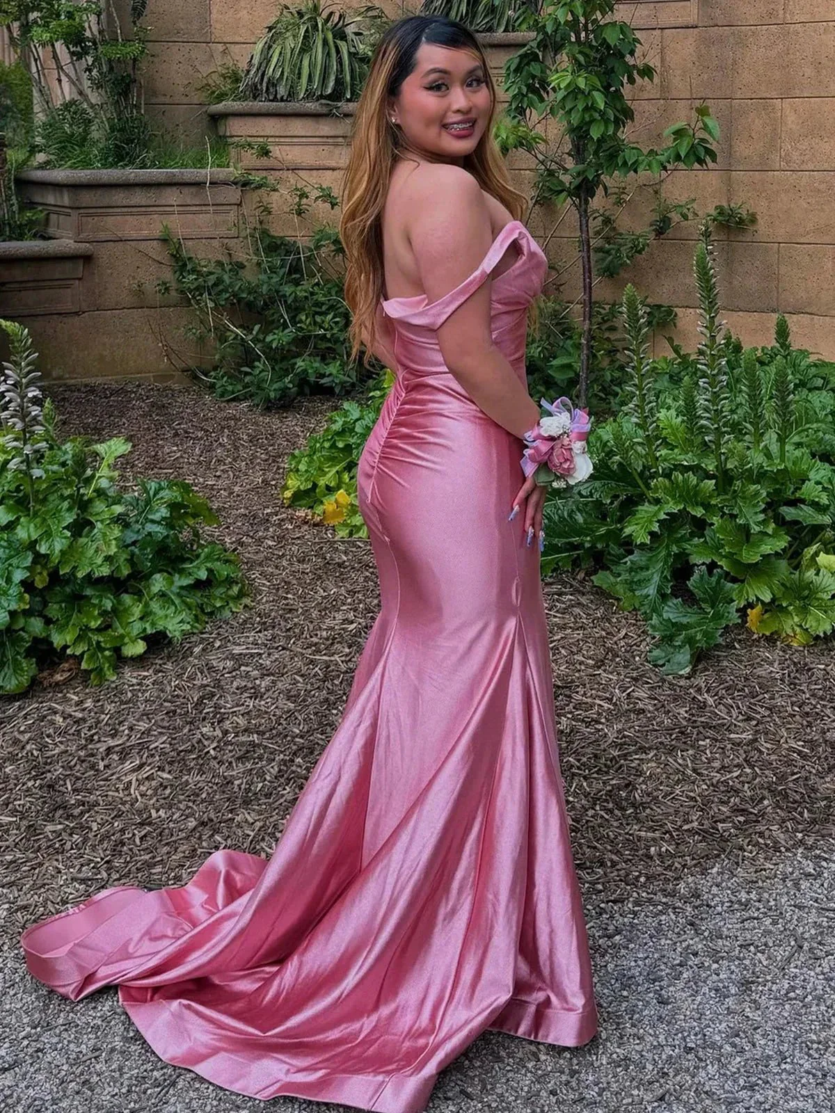 Ixia | V Neck Pink Satin Mermaid Sleeveless Long Prom Dress - Image 6