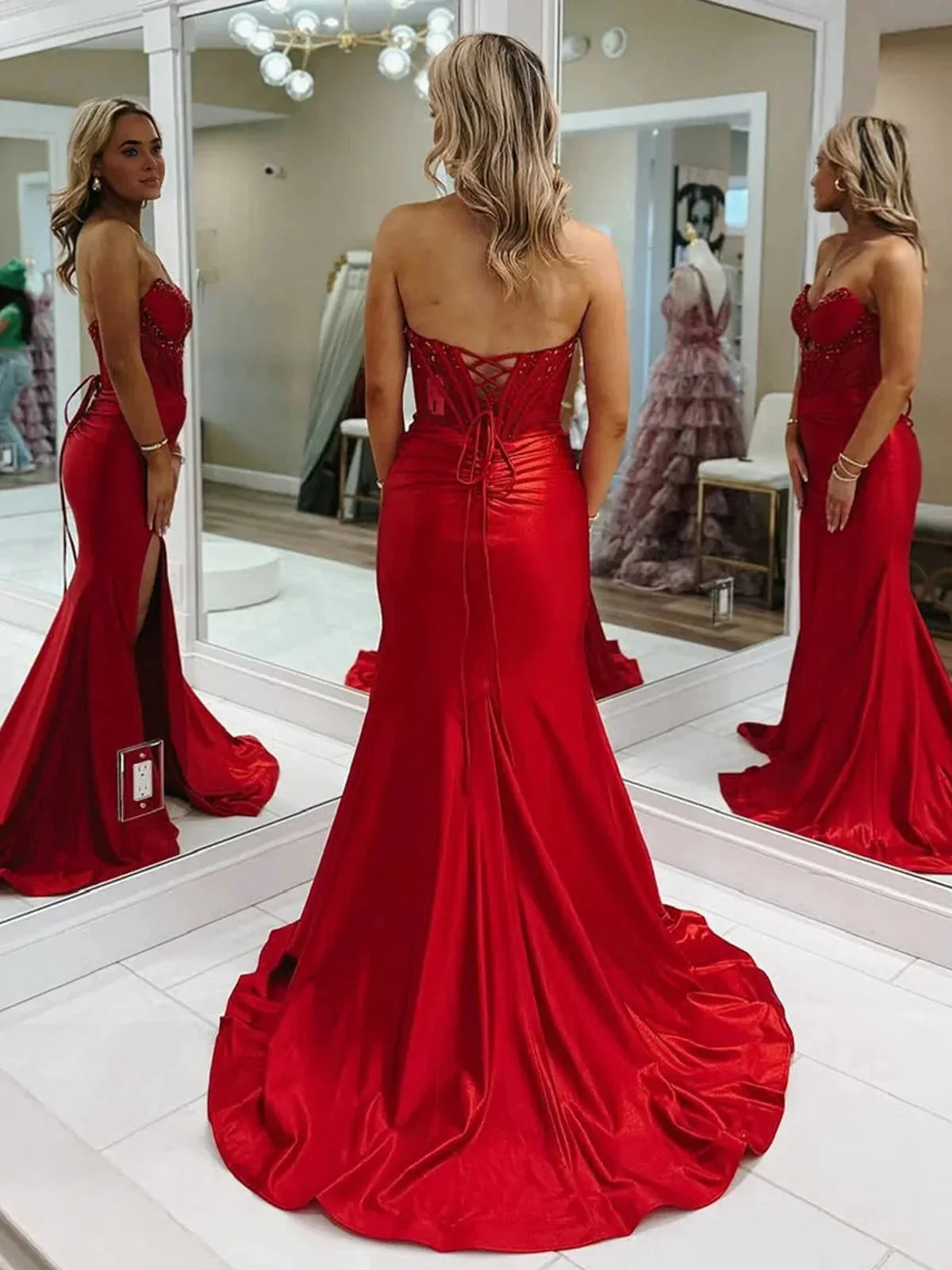 Izzy | Mermaid Strapless Keyhole Red Satin Long Prom Dresses with Slit - Image 2