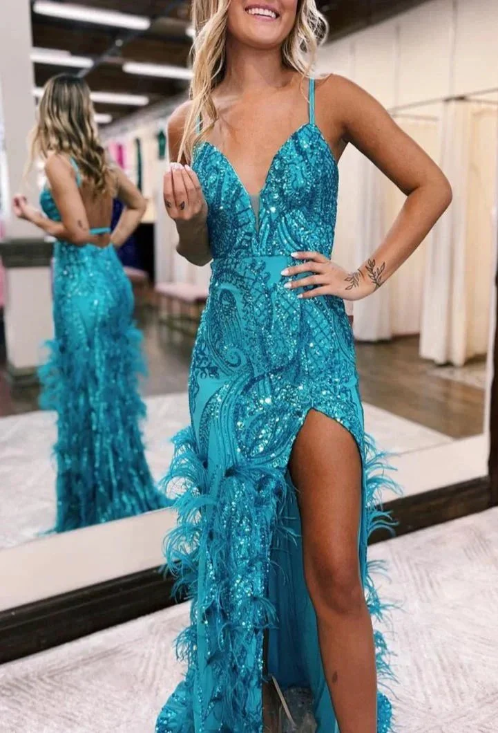 Sonia | Jade Sequin Lace V Neck Mermaid Prom Dresses with Slit - Image 3
