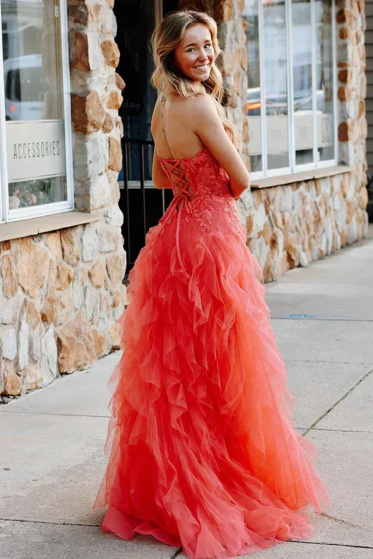 Jaize | Gentle Tulle Coral Strapless Layered Prom Dress with Applique - Image 2