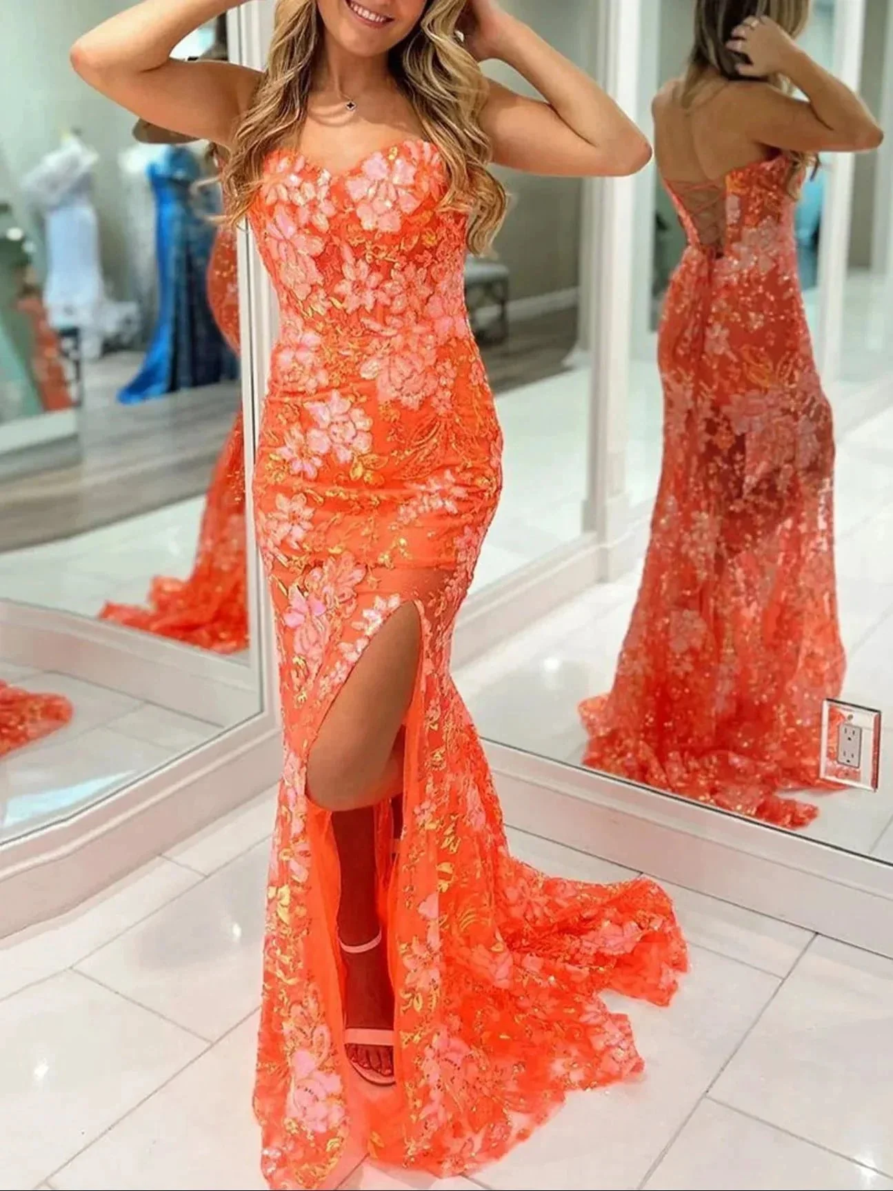 Jalea | Orange Sweetheart Mermaid Lace Long Prom Dresses With Split - Image 4