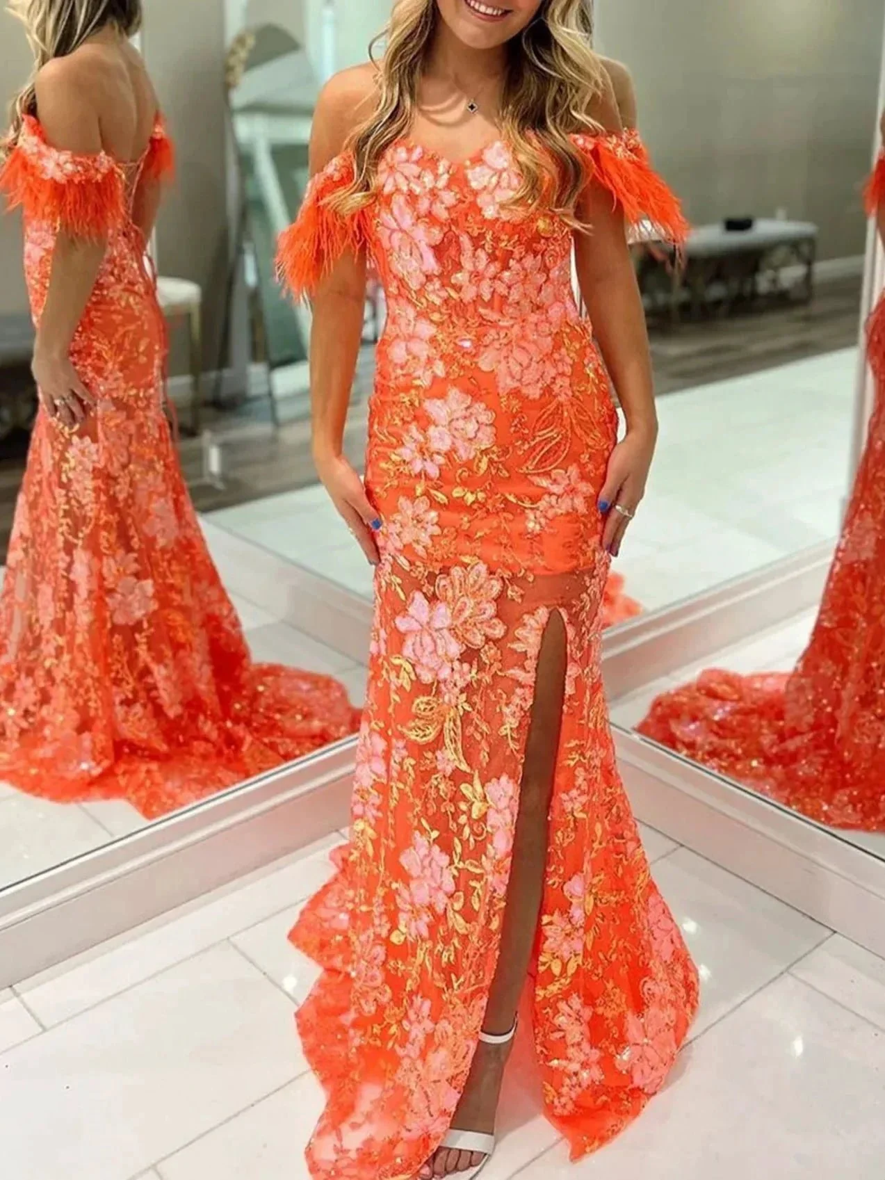 Jalea | Orange Sweetheart Mermaid Lace Long Prom Dresses With Split - Image 5