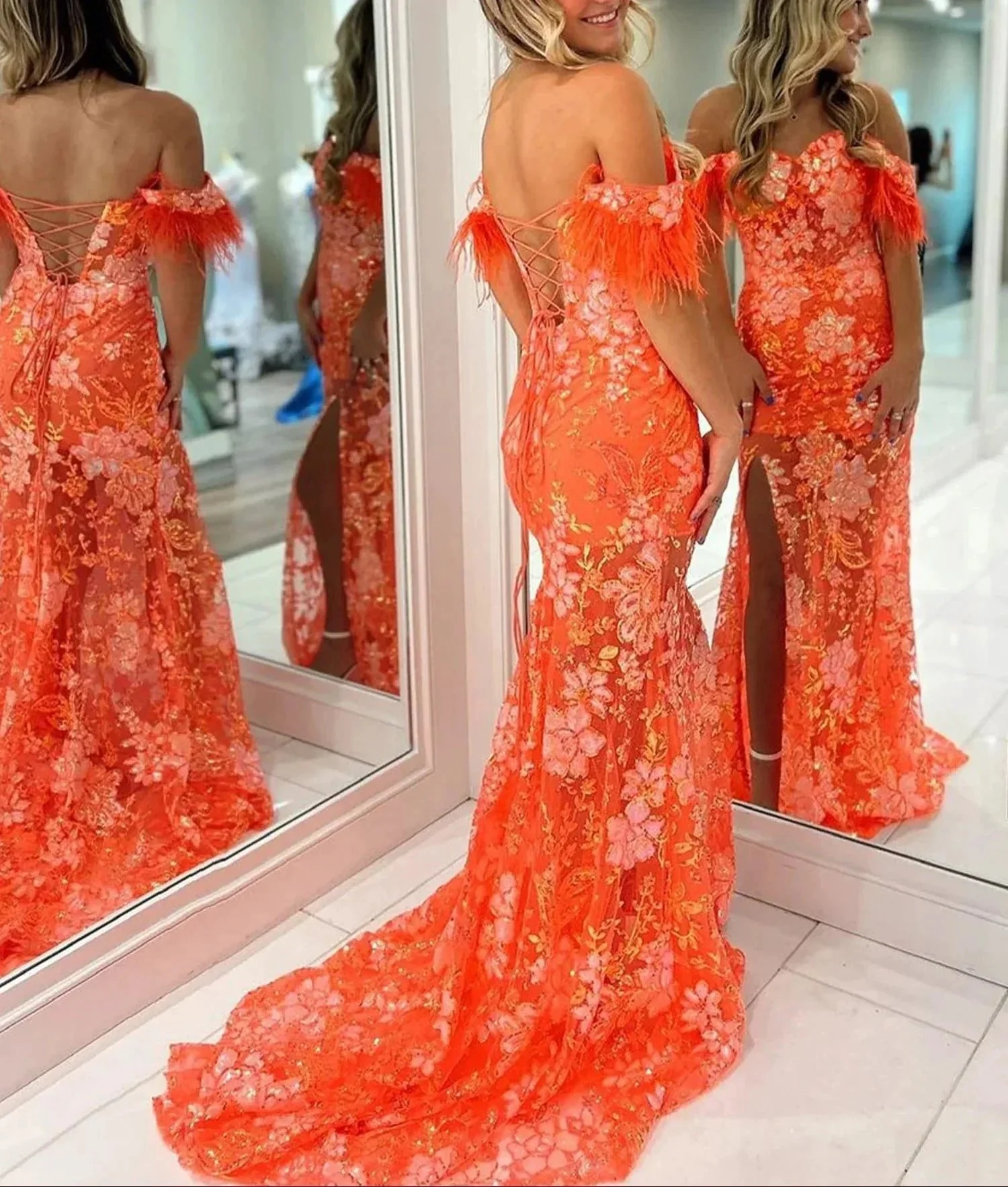 Jalea | Orange Sweetheart Mermaid Lace Long Prom Dresses With Split - Image 6
