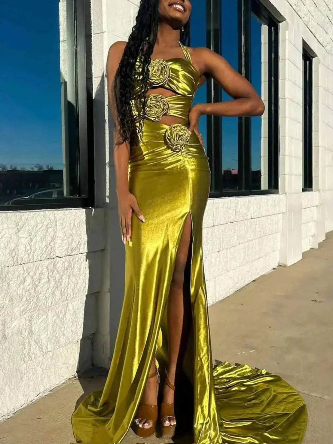 Jana | Floral Applique Halter Fuchsia Mermaid Prom Dress with Cut-out - Image 3
