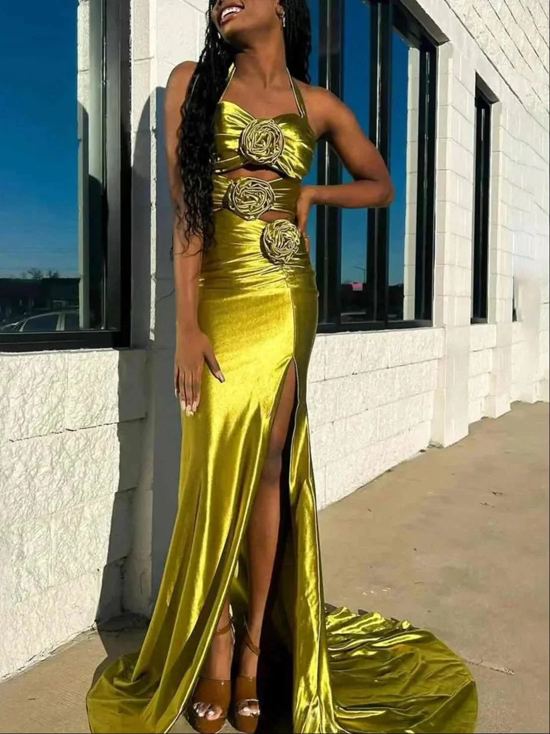 Jana | Floral Applique Halter Fuchsia Mermaid Prom Dress with Cut-out - Image 4