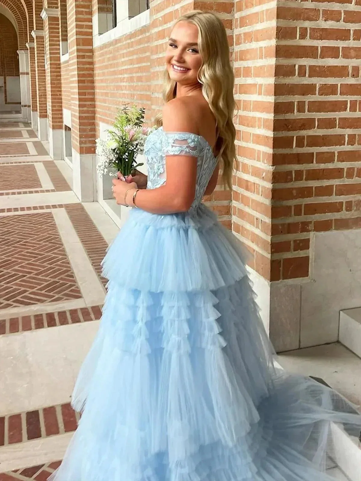 Jara | Light Blue Off the Shoulder Tulle Prom Dress With Appliques - Image 2