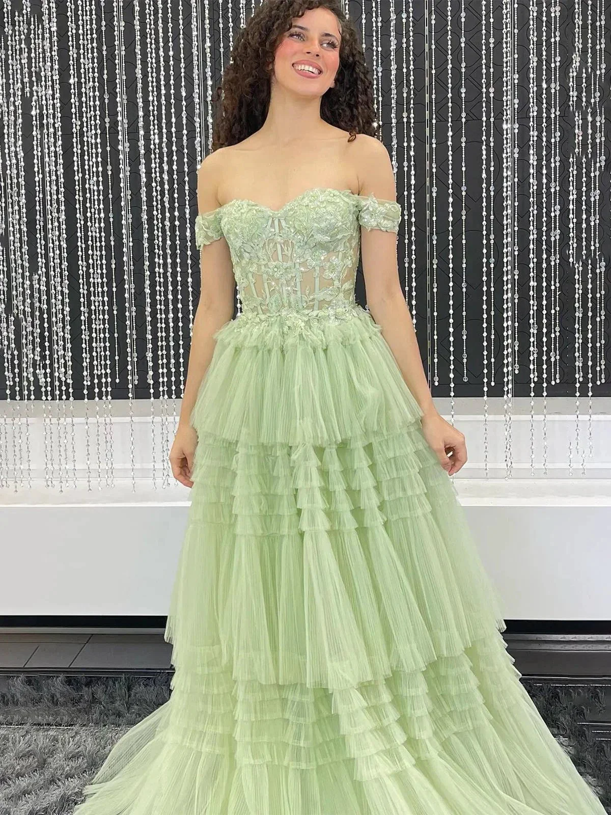 Jara | Light Blue Off the Shoulder Tulle Prom Dress With Appliques - Image 3