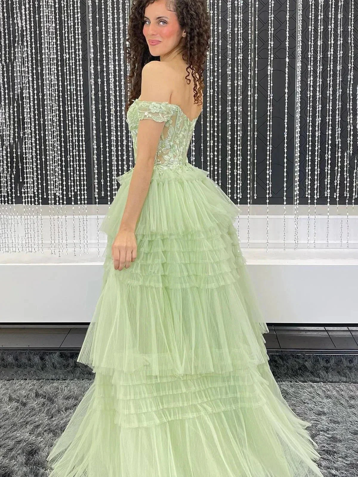 Jara | Light Blue Off the Shoulder Tulle Prom Dress With Appliques - Image 4