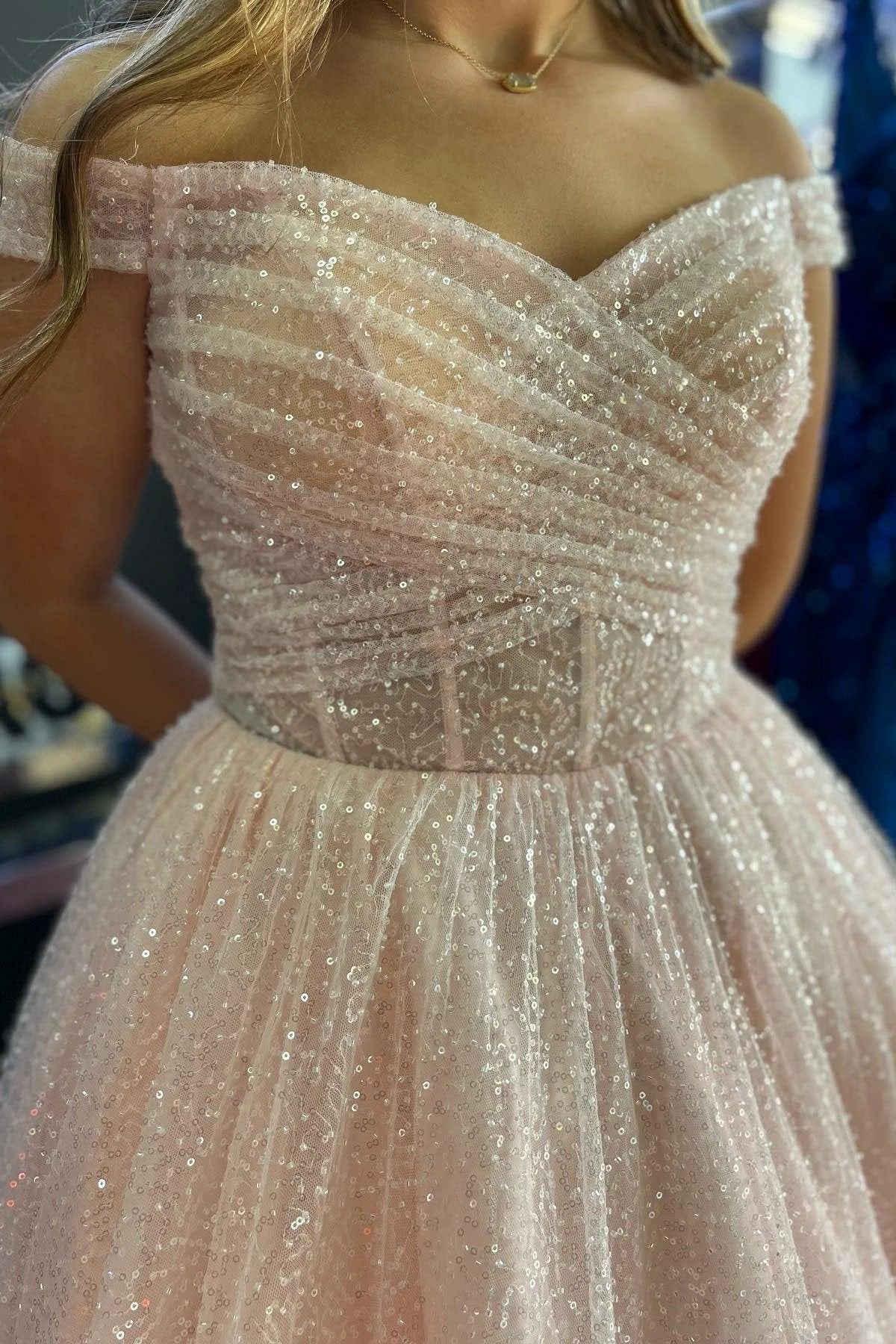 Jayla | Sparkly Blush Pink Off-the-Shoulder Surplice Long Prom Dress - Image 2