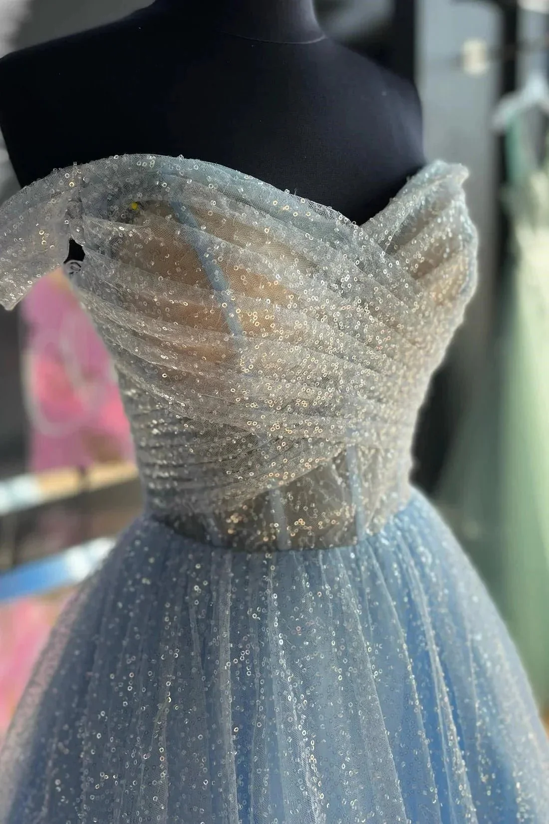 Jayla | Sparkly Blush Pink Off-the-Shoulder Surplice Long Prom Dress - Image 5