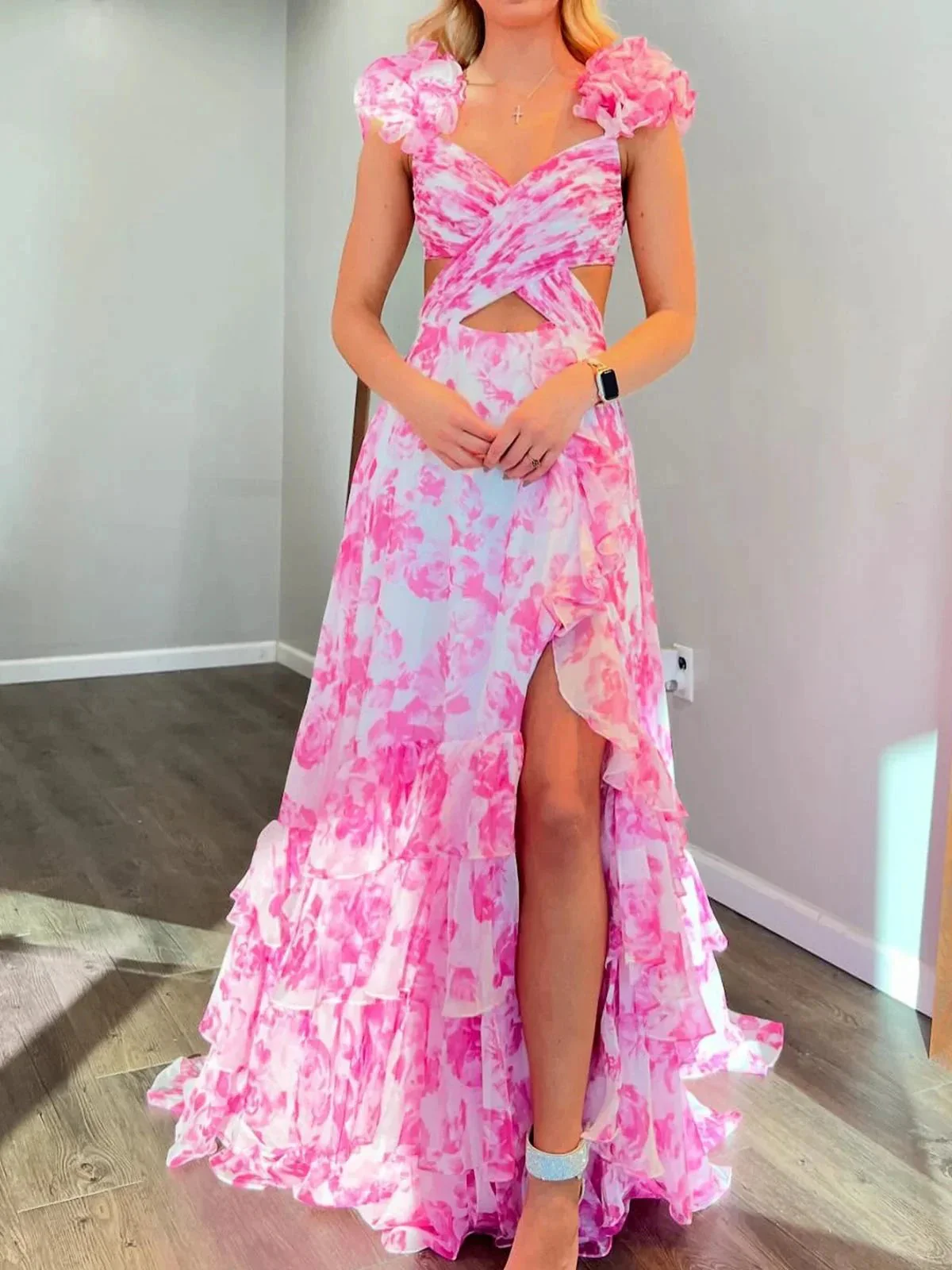Jazzy | V Neck A-line Floral Printed Chiffon Slit Prom Dress - Image 2