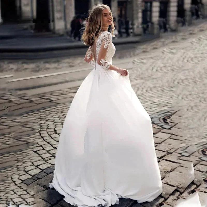 JEHETH Lace Appliques Wedding Dresses For Women Satin Elegant A Line Illusion Back With Button Bride Dress Vestidos de Novia - Image 2
