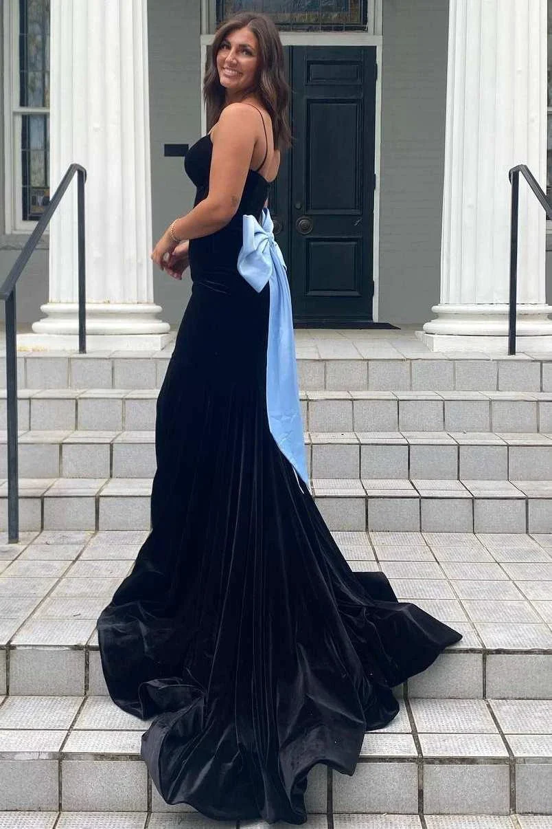 Jesai | Elegant Mermaid V-Neck Spaghetti Straps Velvet Formal Prom Dress with Bow - Image 3