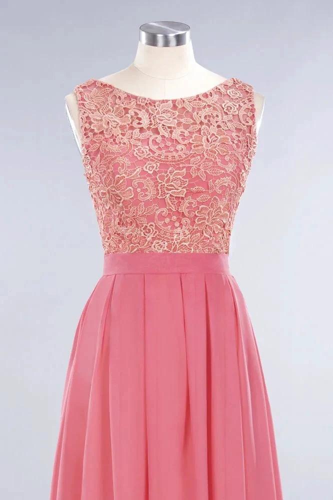 Jewel Ruffles Floral Lace Simple Prom Dresses | A-Line Sleeveless Coral Evening Dresses - Image 3