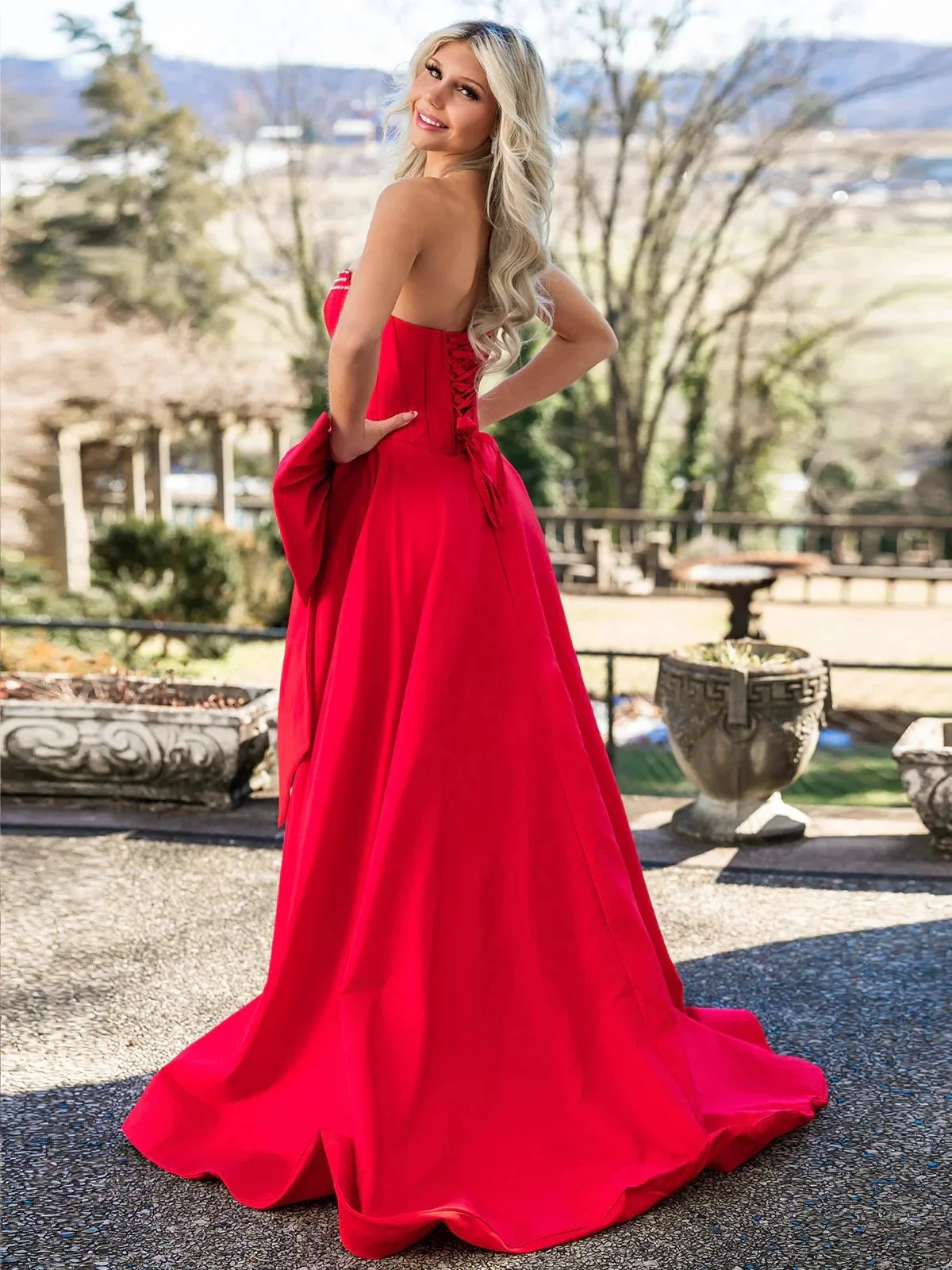 Jhenee | Trendy Red Strapless A-Line Satin Long Corset Prom Dress with Bow - Image 2