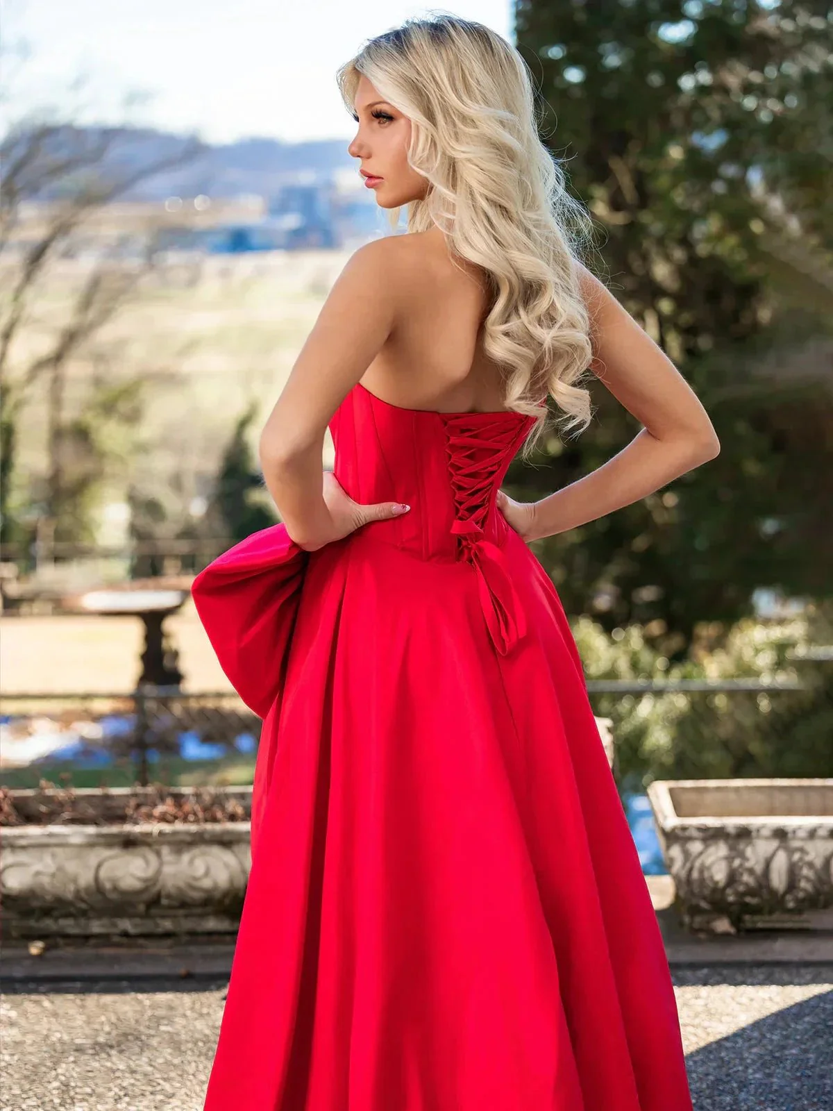 Jhenee | Trendy Red Strapless A-Line Satin Long Corset Prom Dress with Bow - Image 3