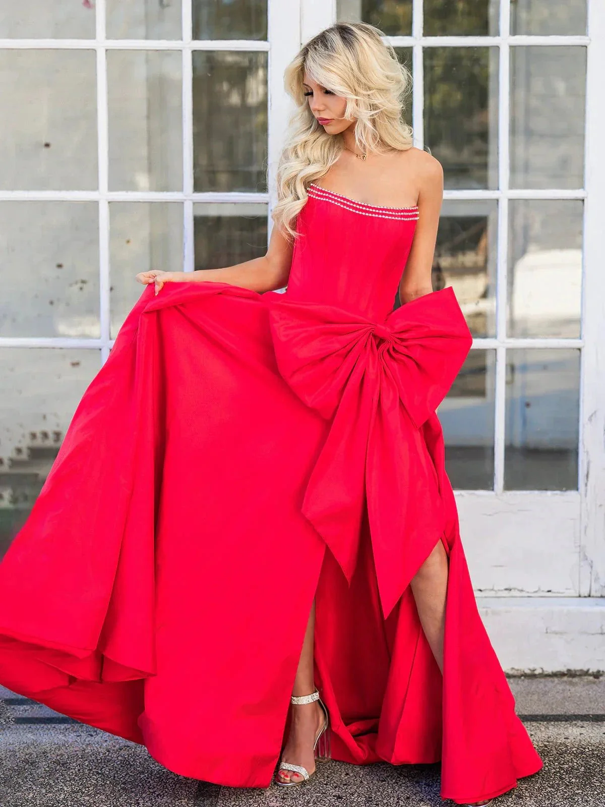 Jhenee | Trendy Red Strapless A-Line Satin Long Corset Prom Dress with Bow - Image 5