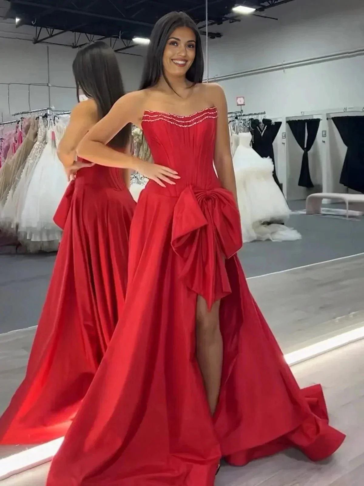 Jhenee | Trendy Red Strapless A-Line Satin Long Corset Prom Dress with Bow - Image 6
