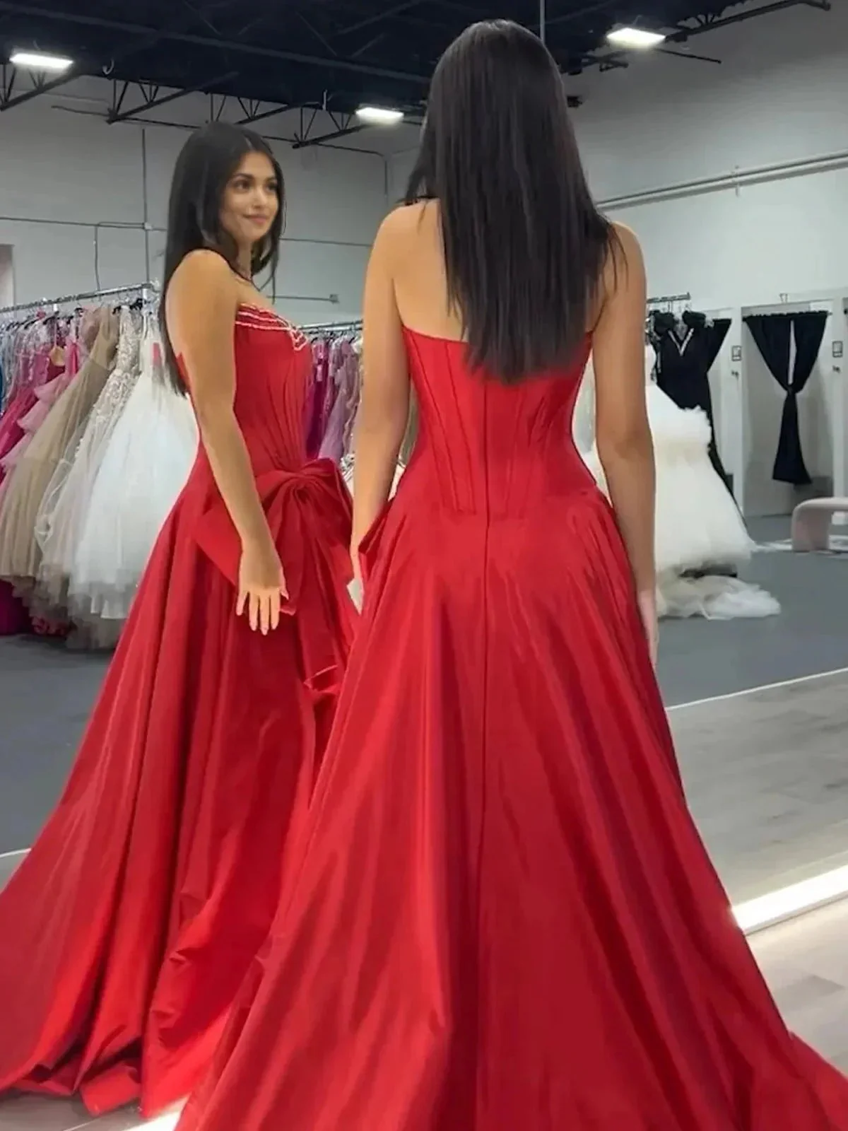 Jhenee | Trendy Red Strapless A-Line Satin Long Corset Prom Dress with Bow - Image 7