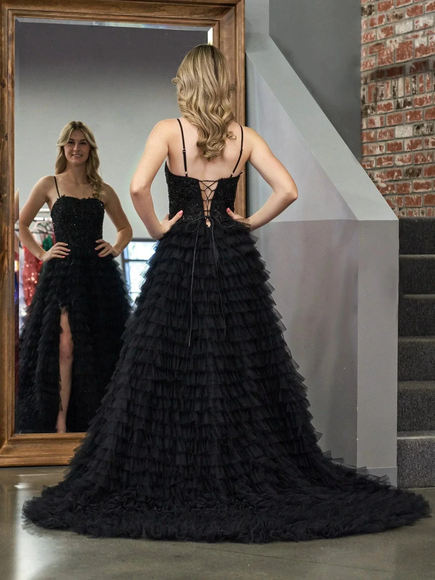 Jordan | Black A-Line Tiered Sequins Tulle Long Prom Dress - Image 2