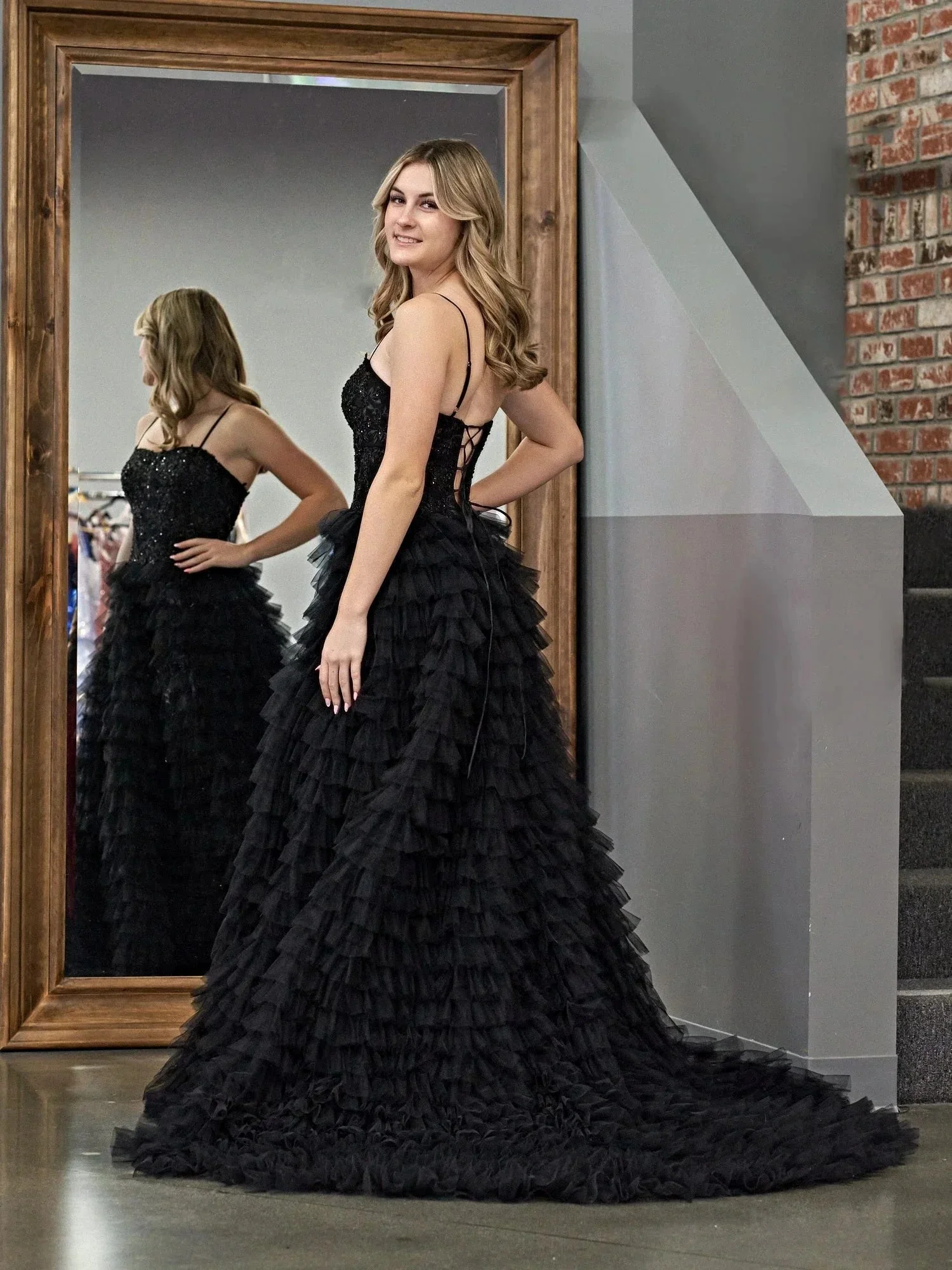 Jordan | Black A-Line Tiered Sequins Tulle Long Prom Dress - Image 3