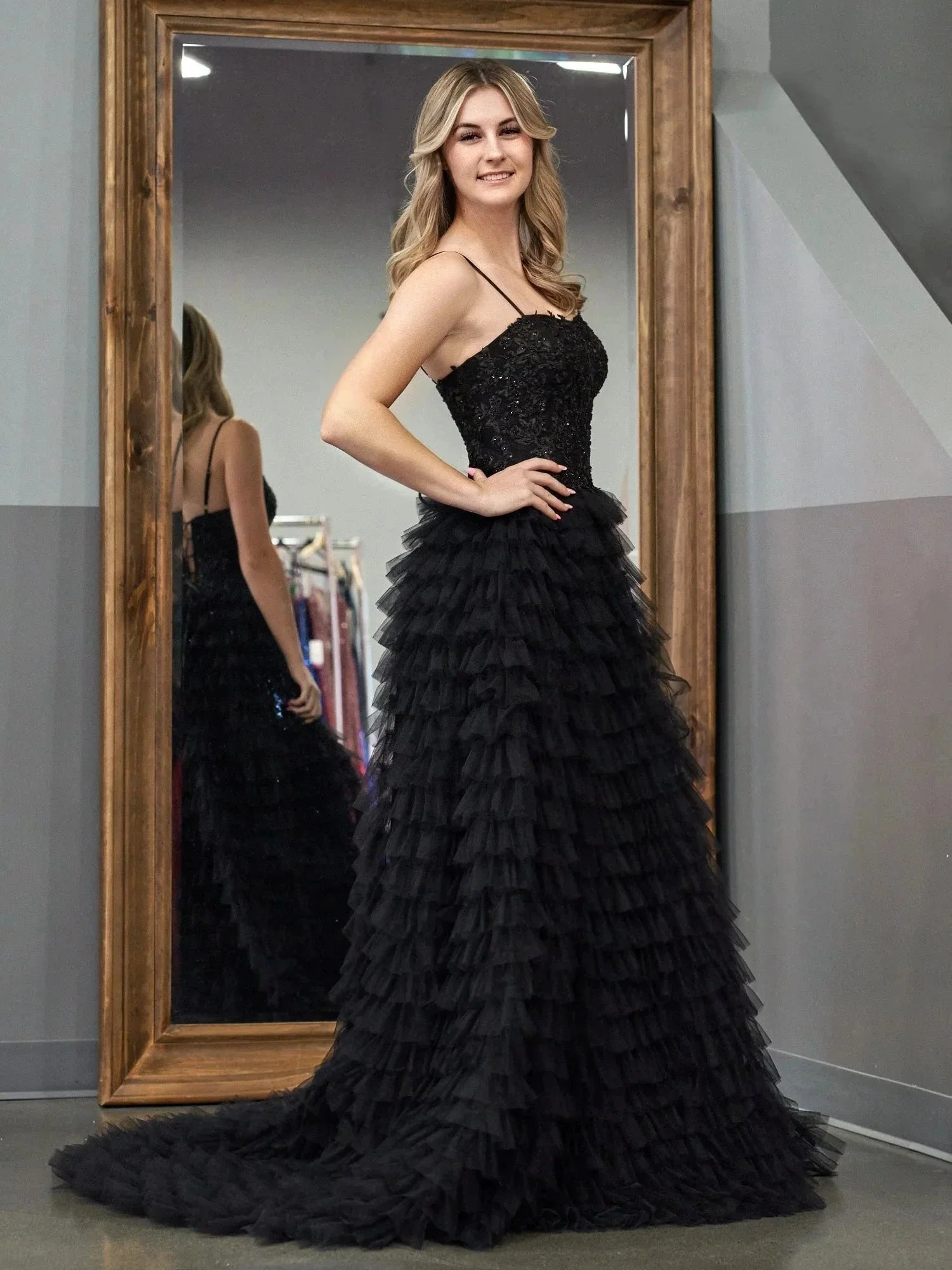 Jordan | Black A-Line Tiered Sequins Tulle Long Prom Dress - Image 4