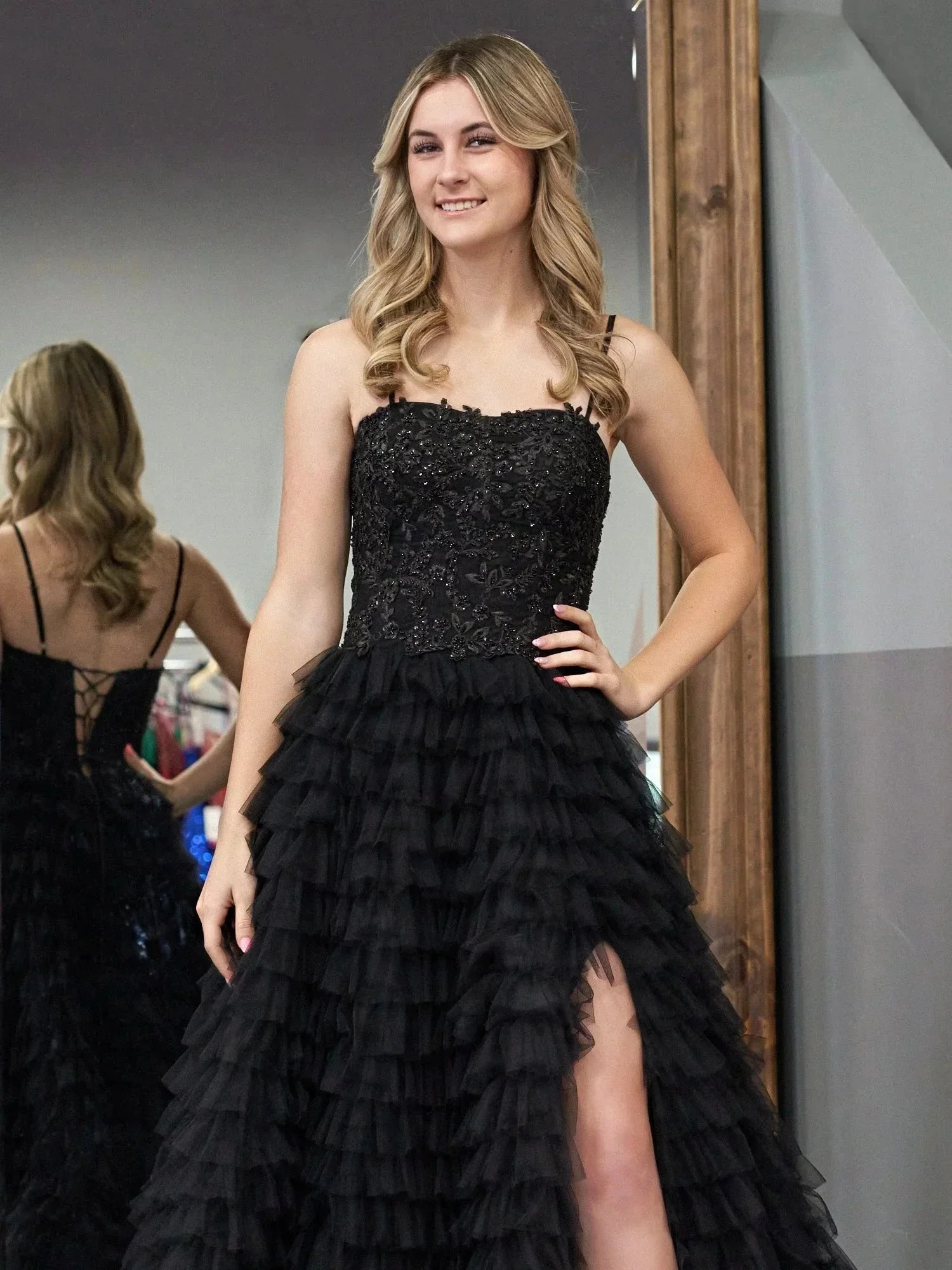 Jordan | Black A-Line Tiered Sequins Tulle Long Prom Dress - Image 5