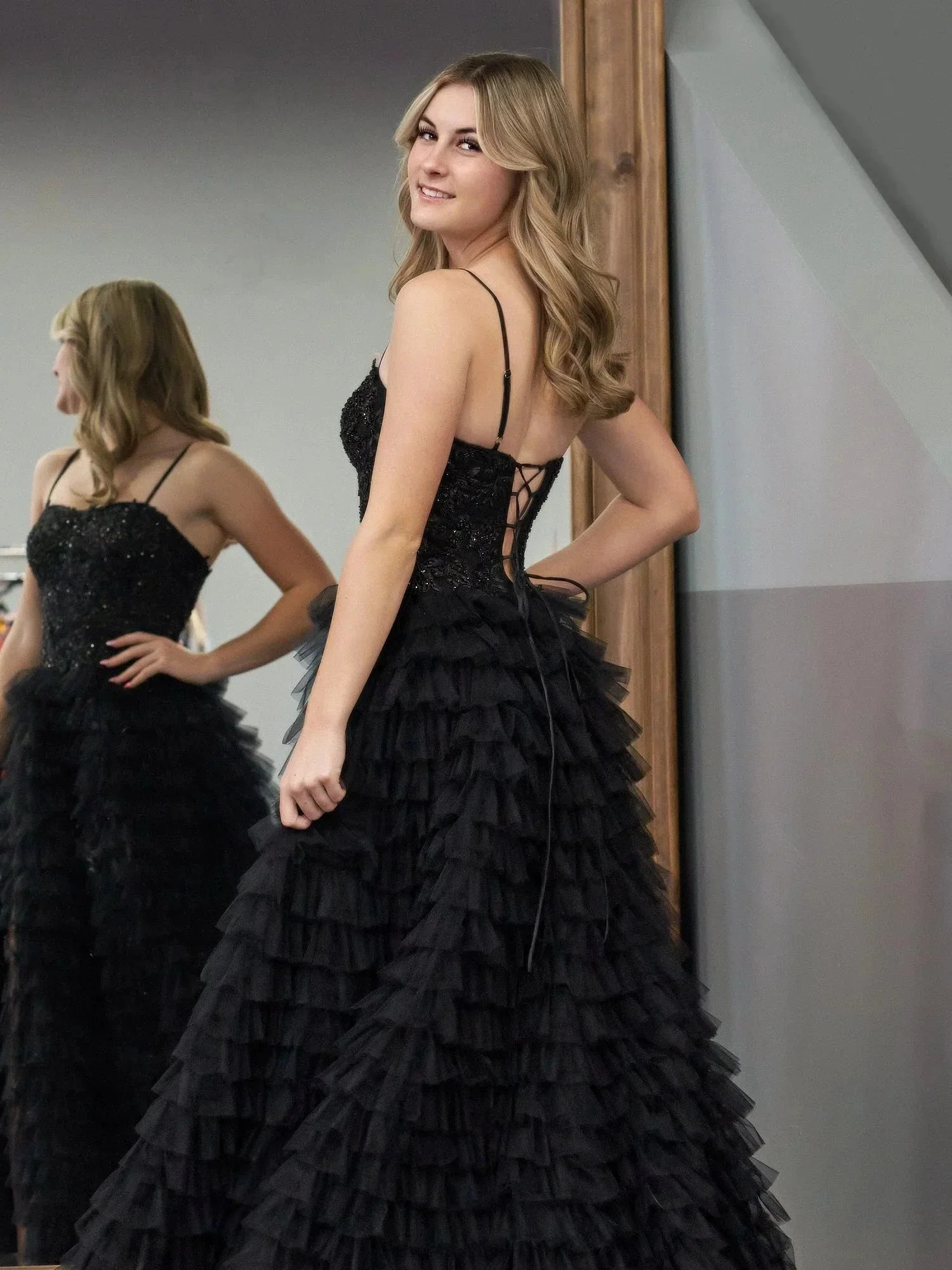 Jordan | Black A-Line Tiered Sequins Tulle Long Prom Dress - Image 6