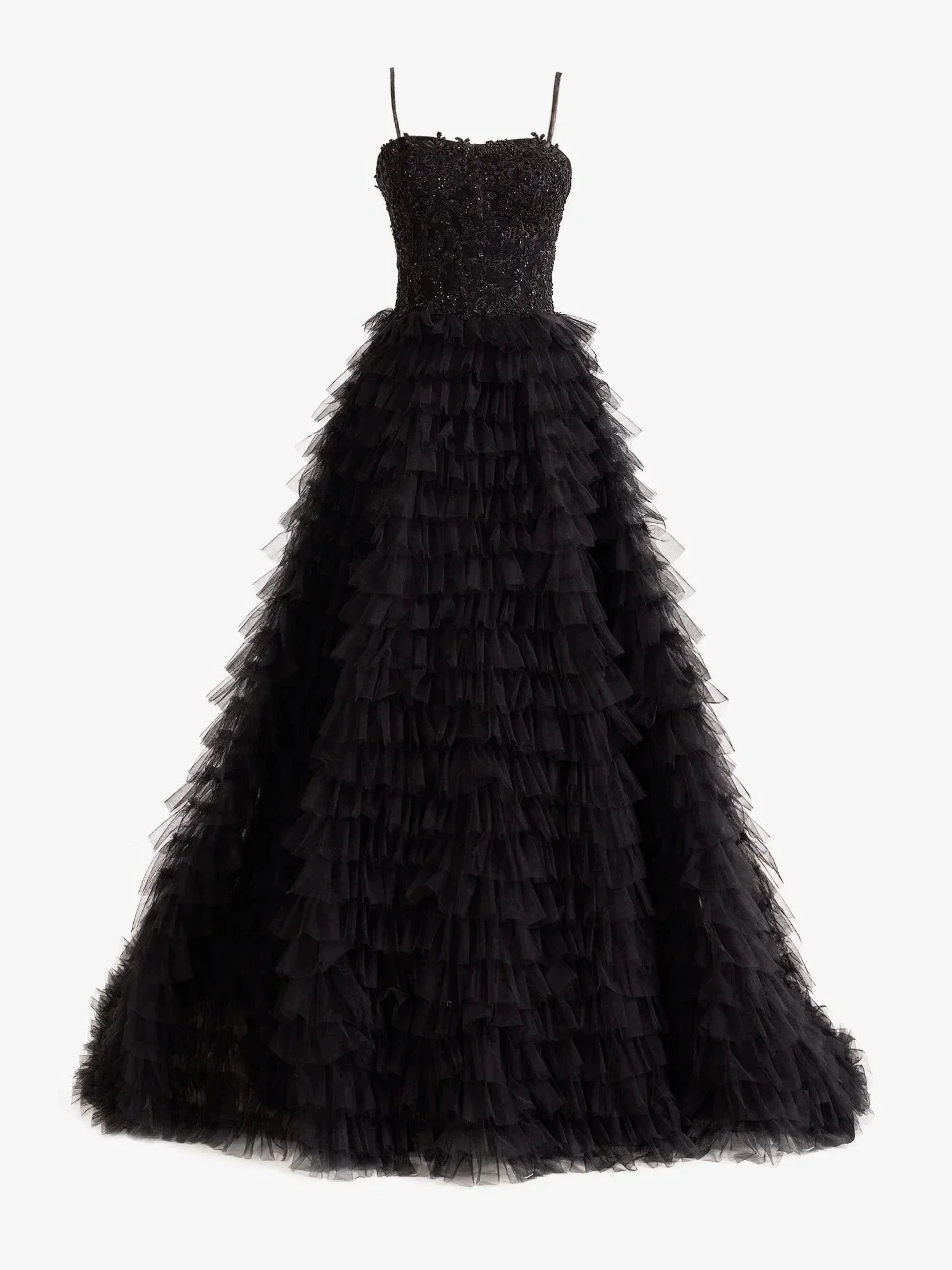 Jordan | Black A-Line Tiered Sequins Tulle Long Prom Dress - Image 7