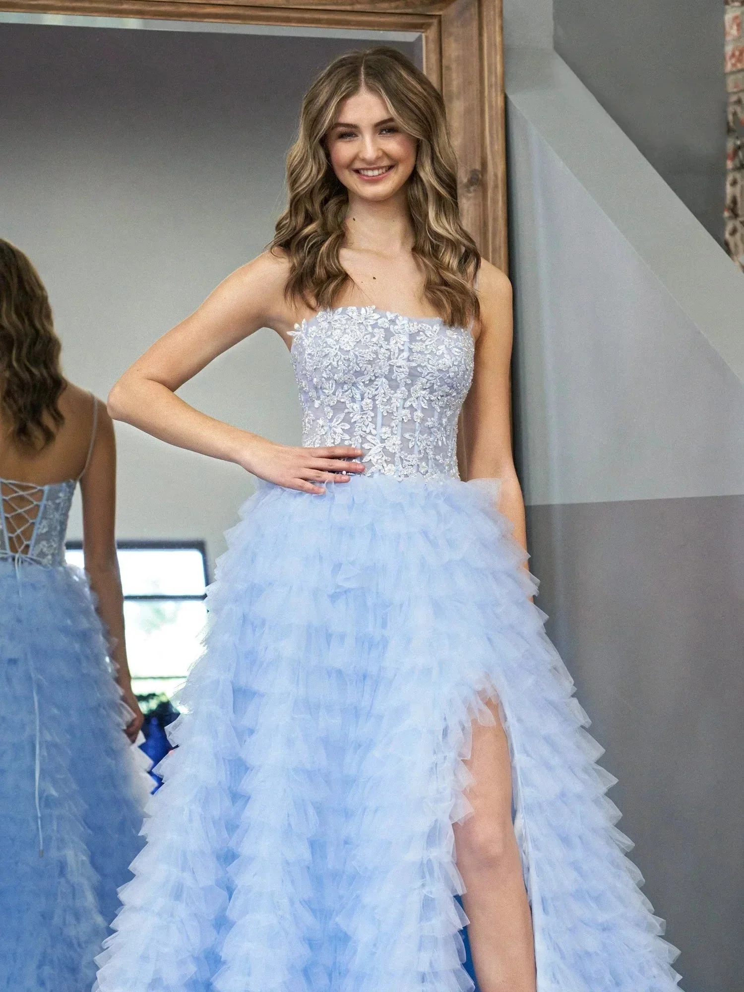 Jordan | Sky Blue A-Line Tiered Sequins Tulle Long Prom Dress - Image 2