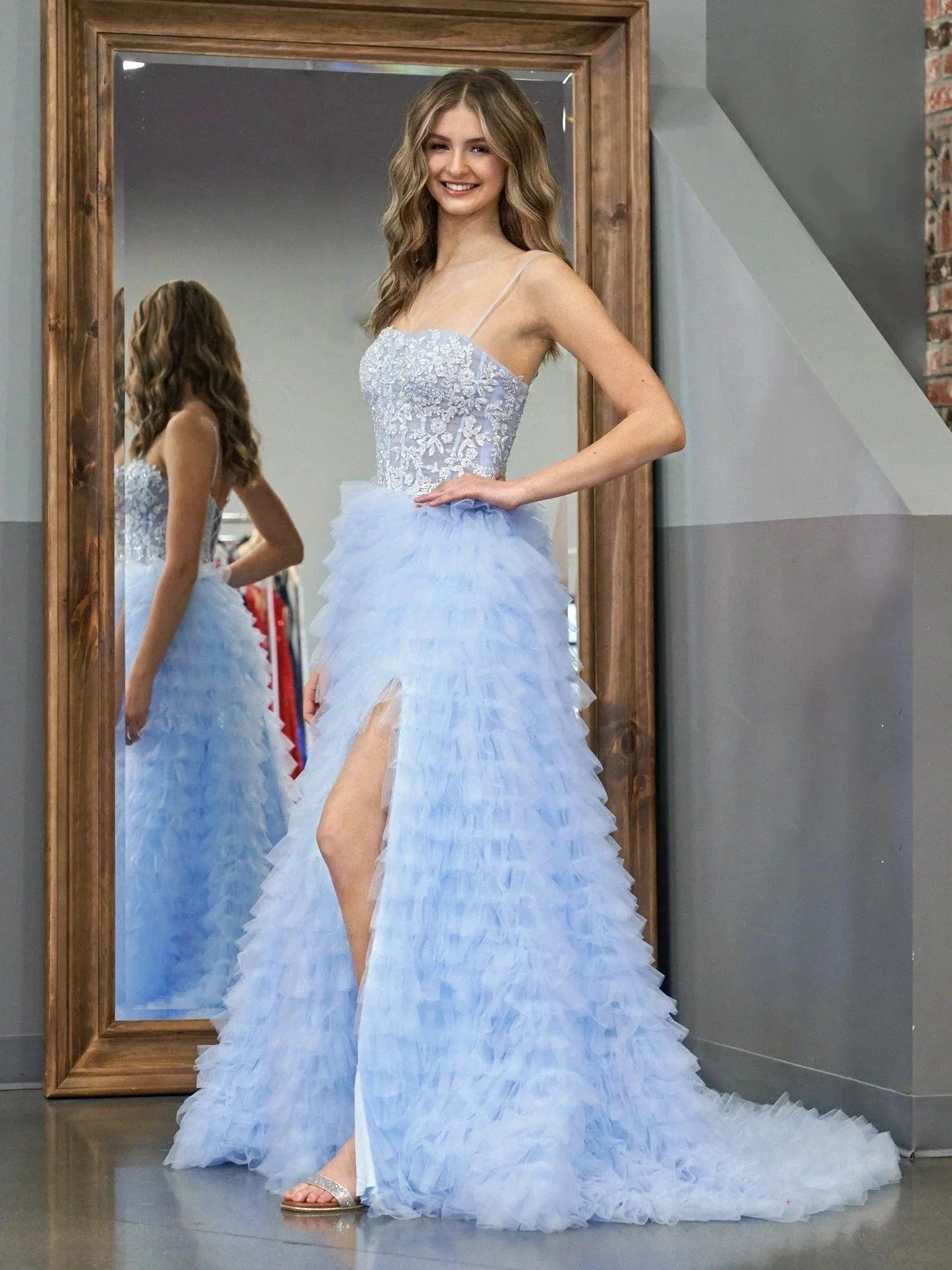Jordan | Sky Blue A-Line Tiered Sequins Tulle Long Prom Dress - Image 3