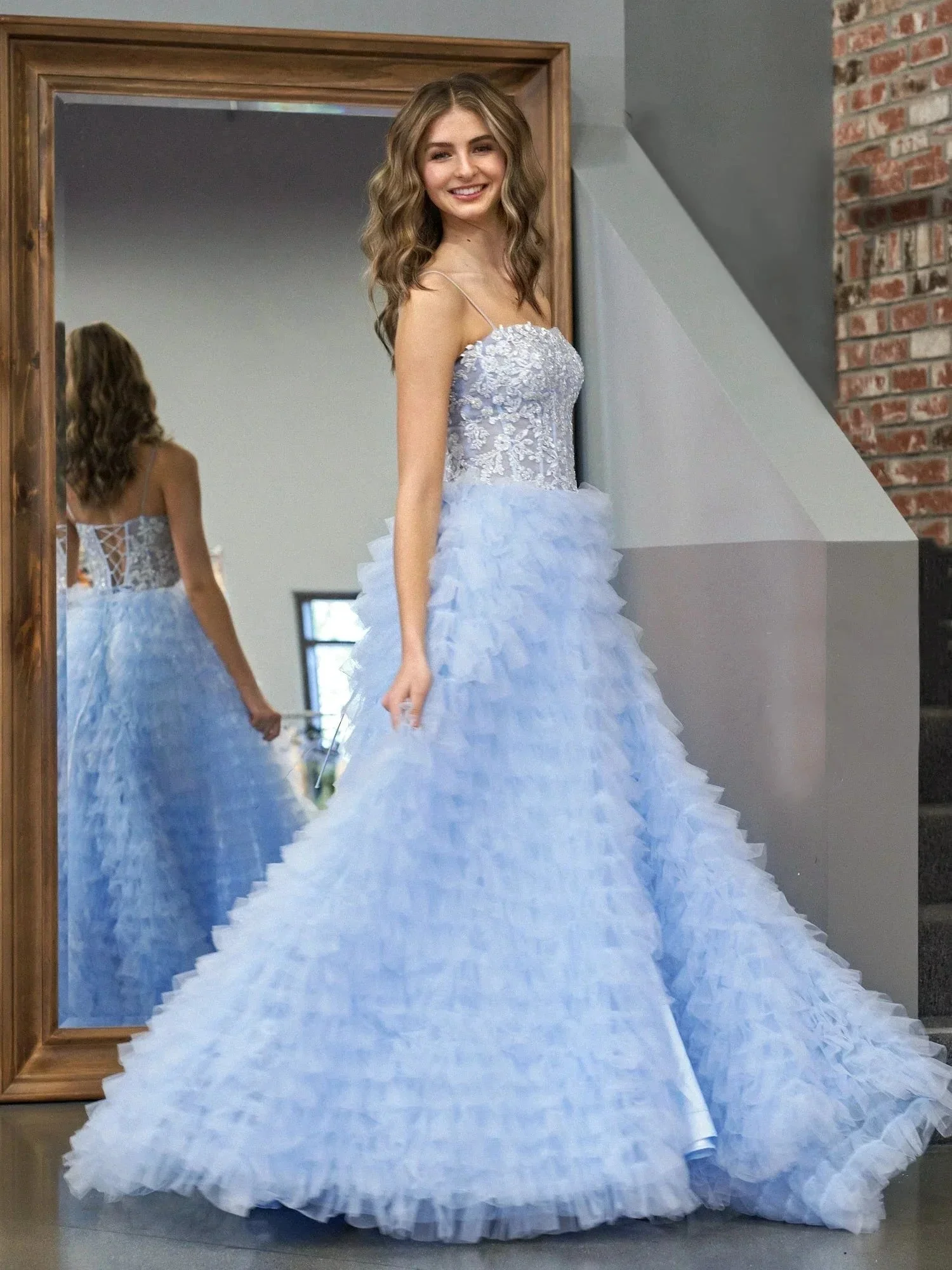 Jordan | Sky Blue A-Line Tiered Sequins Tulle Long Prom Dress - Image 4