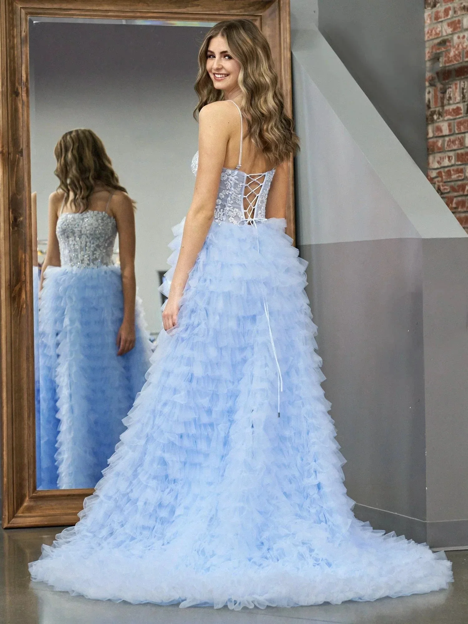 Jordan | Sky Blue A-Line Tiered Sequins Tulle Long Prom Dress - Image 5