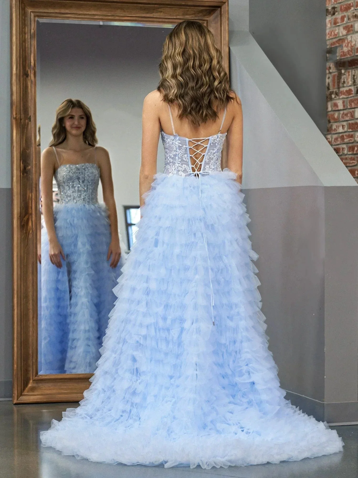 Jordan | Sky Blue A-Line Tiered Sequins Tulle Long Prom Dress - Image 6
